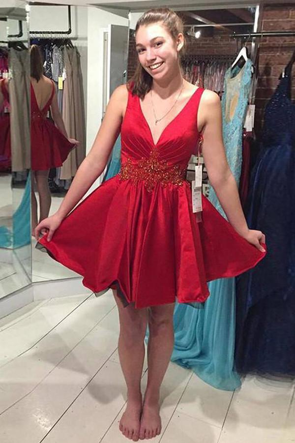 Vestidos de fiesta de bienvenida de satén con escote en V, cuentas y corte en A, transparentes, vestidos cortos de graduación