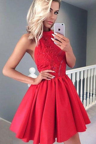 Robe de bal courte dos nu à bretelles et appliques, robe de soirée