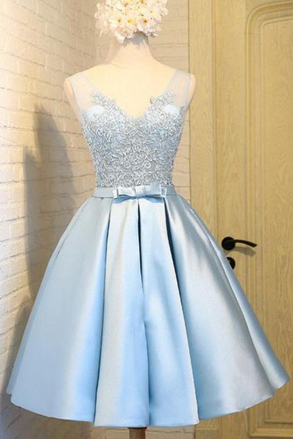 Robe de bal bleu clair en satin à col en V, robe de soirée ornée d'appliqués