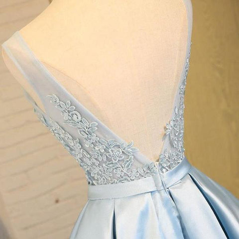 Light Blue Satin V Neck Homecoming Dresses, Party Dress with Appliques