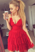 Vestido barato para fiesta de bienvenida o graduación, rojo, con escote en V, tirantes finos y volantes. 