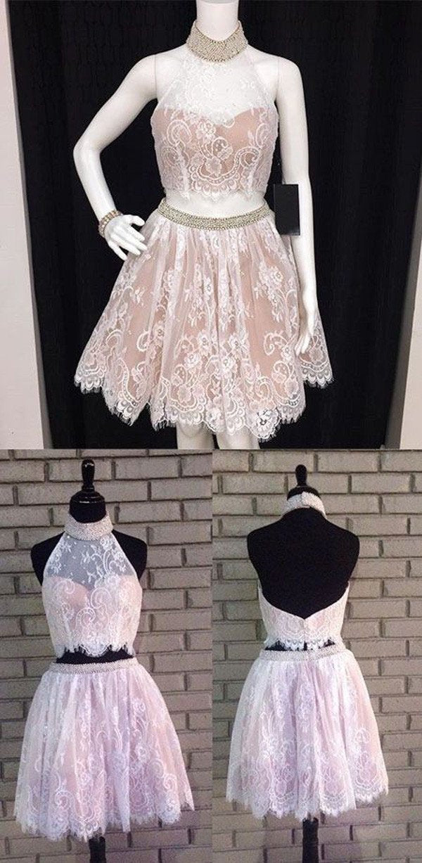 Vestido de fiesta económico de dos piezas, negro, con cuello halter, encaje, espalda descubierta y apliques 