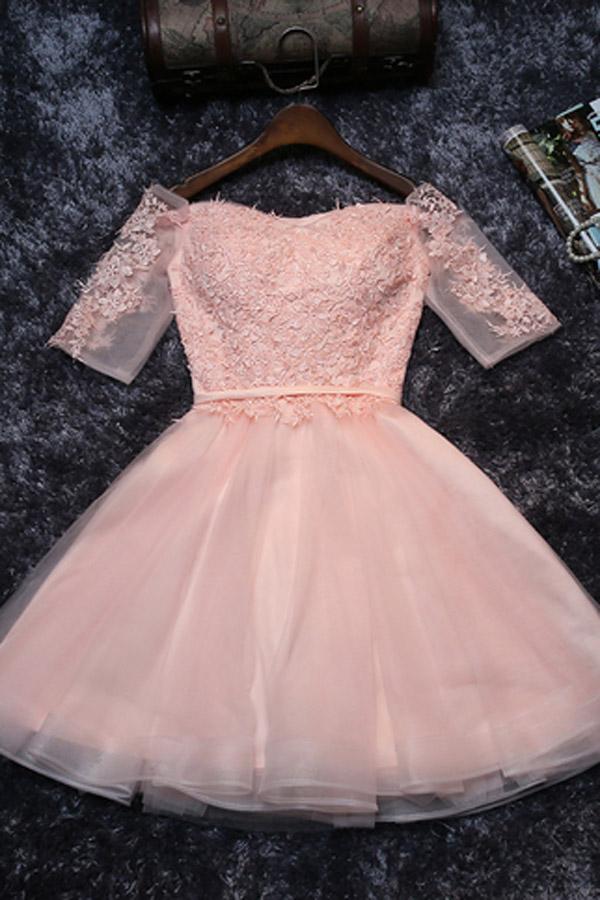 Lindo vestido de fiesta de bienvenida de tul corte A con encaje, vestido corto de graduación en línea 