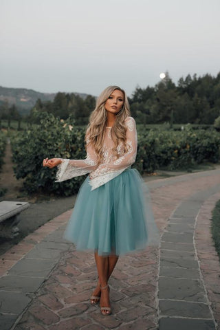 Robe de bal deux pièces en tulle blanc et dentelle, manches longues, jupe tutu, jupe tutu, robe de soirée. 