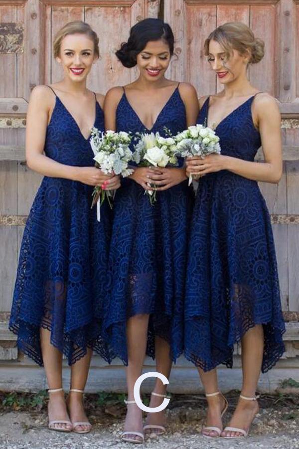 Vestido de dama de honor azul real con encaje, escote en V y tirantes finos, vestido económico para fiesta de bienvenida