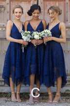 Vestido de dama de honor azul real con encaje, escote en V y tirantes finos, vestido económico para fiesta de bienvenida