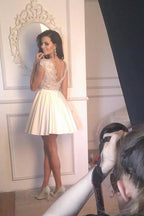 Vestidos cortos de fiesta de bienvenida, lindos, elegantes, de corte en A, con mangas cortas y espalda descubierta