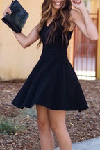 Vestido negro sencillo de corte A para baile de bienvenida, vestido para quinceañera, vestido corto de graduación
