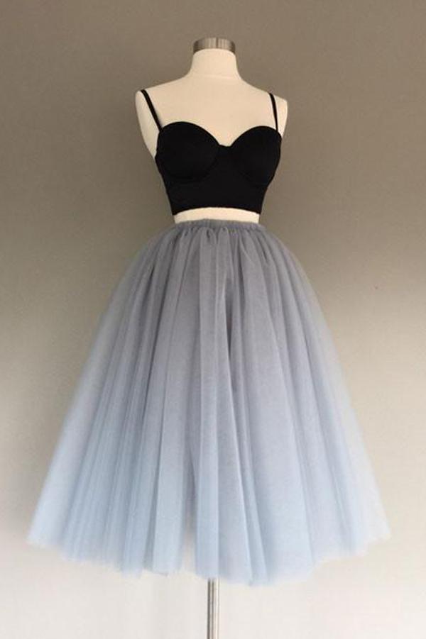 Vestido de dos piezas de tul gris, corte en A, encantador, para fiesta de bienvenida o graduación.