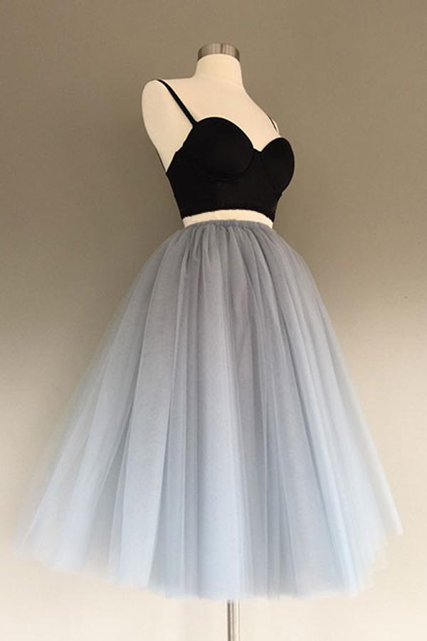 Vestido de dos piezas de tul gris, corte en A, encantador, para fiesta de bienvenida o graduación.