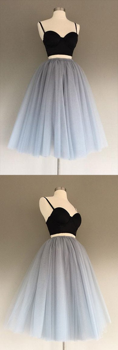 Vestido de dos piezas de tul gris, corte en A, encantador, para fiesta de bienvenida o graduación.