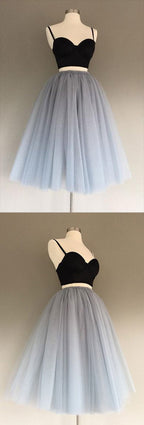 Vestido de dos piezas de tul gris, corte en A, encantador, para fiesta de bienvenida o graduación.
