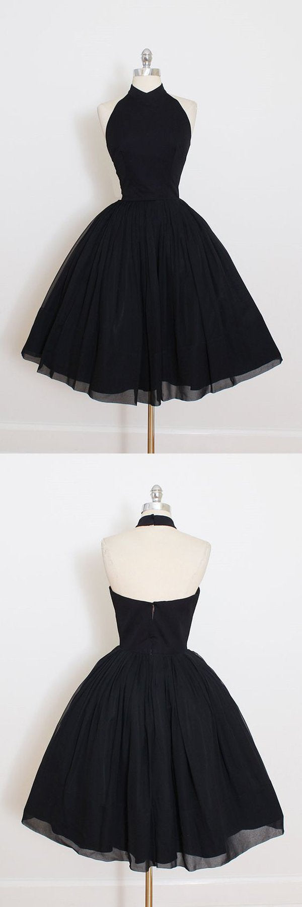Robe de bal courte noire trapèze dos nu à col halter, robe de soirée courte 