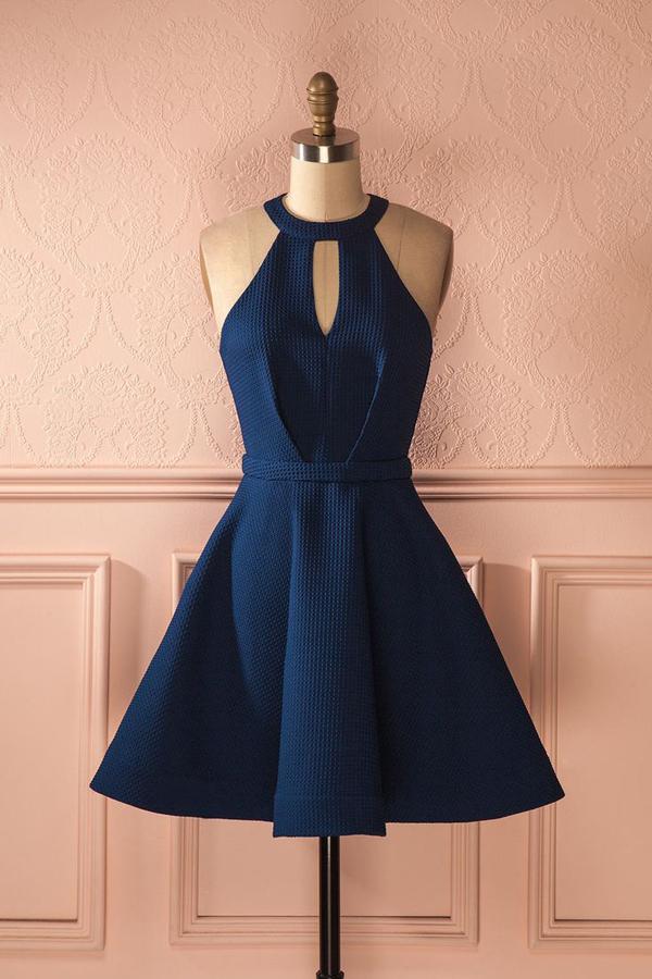 Vestidos de fiesta sin mangas azul marino con cuello halter, corte en A y espalda descubierta