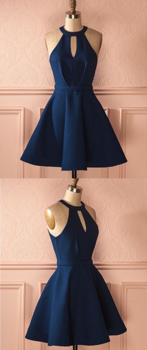 Vestidos de fiesta sin mangas azul marino con cuello halter, corte en A y espalda descubierta