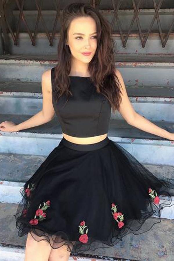 Robe de bal courte noire deux pièces unique, robe de soirée, robe de rentrée scolaire, robe de fête