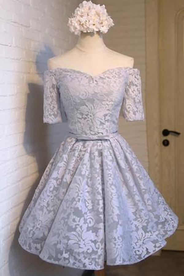 Lindos vestidos de fiesta de tul con hombros descubiertos y mangas cortas, corte en A