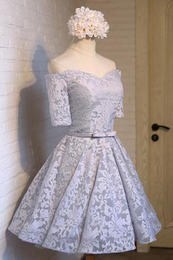 Lindos vestidos de fiesta de tul con hombros descubiertos y mangas cortas, corte en A