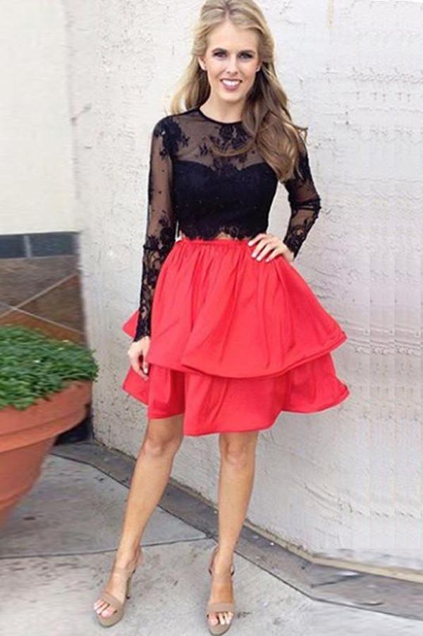 Robe de bal courte deux pièces rouge et noire en dentelle, jupe longue et manches longues, robe de soirée courte