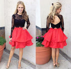 Robe de bal courte deux pièces rouge et noire en dentelle, jupe longue et manches longues, robe de soirée courte
