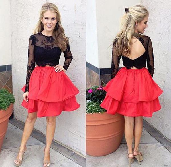 Robe de bal courte deux pièces rouge et noire en dentelle, jupe longue et manches longues, robe de soirée courte