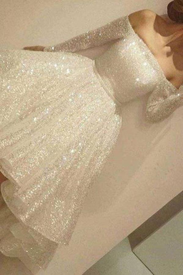 Vestidos de fiesta de bienvenida brillantes, corte en A, asimétricos, cortos, con hombros descubiertos.