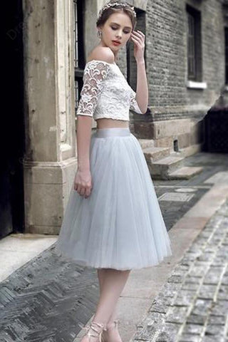 Vestidos cortos de encaje de dos piezas con hombros descubiertos y mangas cortas para baile de bienvenida 