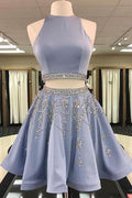 Robe de bal courte deux pièces trapèze sans manches ornée de bijoux, robe de soirée avec perles