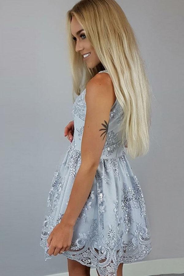 Robe de soirée trapèze en satin et dentelle, longueur genou, col V, robe de bal de promo