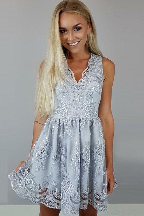 Robe de soirée trapèze en satin et dentelle, longueur genou, col V, robe de bal de promo