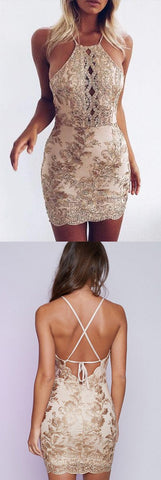 Vestidos cortos ajustados de graduación con cuello halter, vestidos de fiesta con apliques 