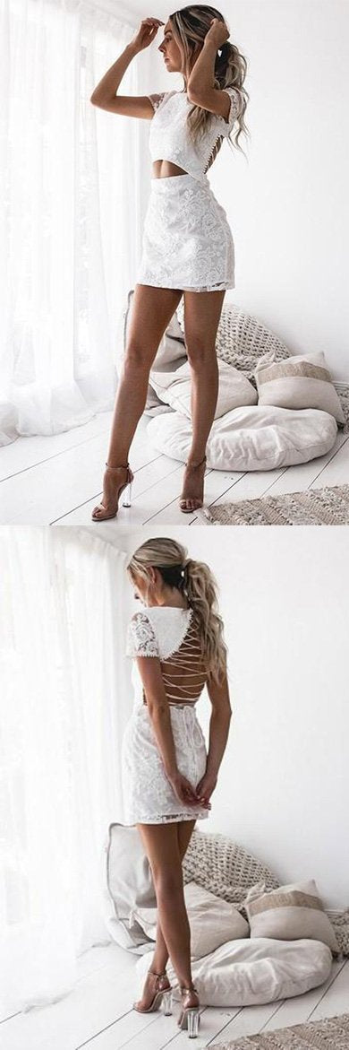 Cute Tight White Lace Lace-Up Back Short Sleeves Homecoming Dresses For Girls