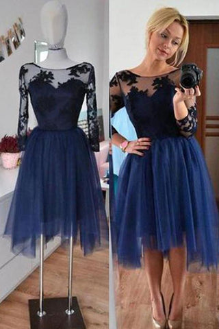 Robes de bal courtes en tulle bleu marine à manches 3/4 et appliques 