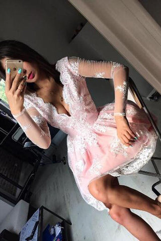 Lindo vestido corto rosa de corte A y manga larga para baile de graduación, vestidos de fiesta de bienvenida en línea 