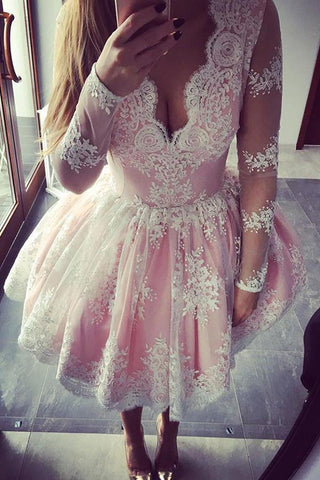 Lindo vestido corto rosa de corte A y manga larga para baile de graduación, vestidos de fiesta de bienvenida en línea 
