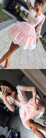 Lindo vestido corto rosa de corte A y manga larga para baile de graduación, vestidos de fiesta de bienvenida en línea 