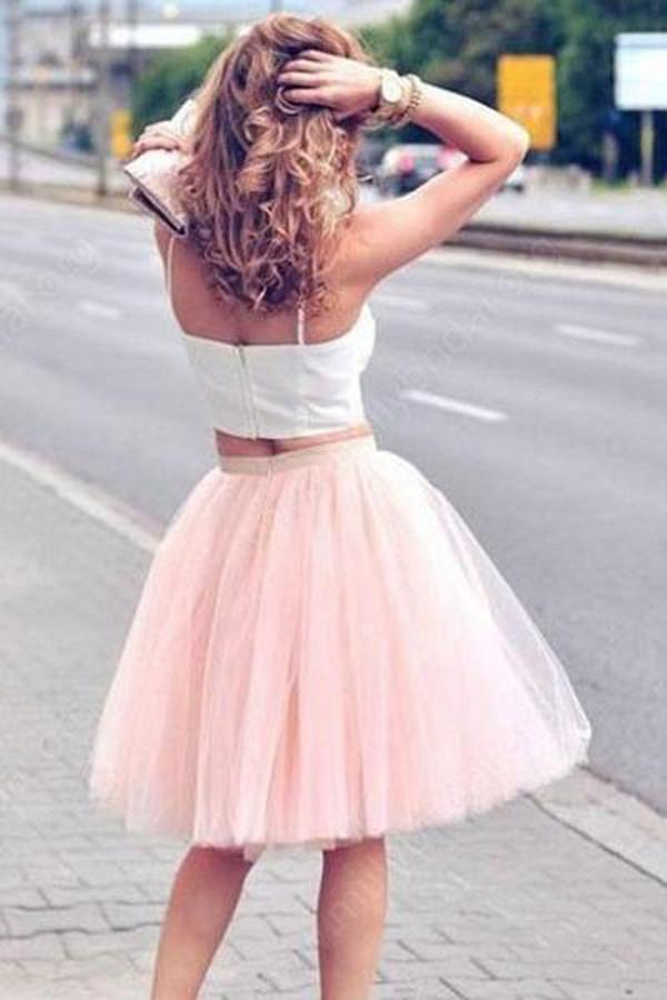 Spaghetti-Strap Two Piece A-line Tulle Short Homecoming Dresses