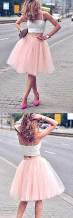 Spaghetti-Strap Two Piece A-line Tulle Short Homecoming Dresses