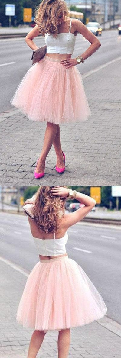 Spaghetti-Strap Two Piece A-line Tulle Short Homecoming Dresses