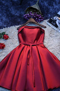 Robe de bal rouge simple en satin, coupe trapèze, robes de soirée courtes et pas chères pour filles