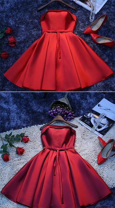 Robe de bal rouge simple en satin, coupe trapèze, robes de soirée courtes et pas chères pour filles