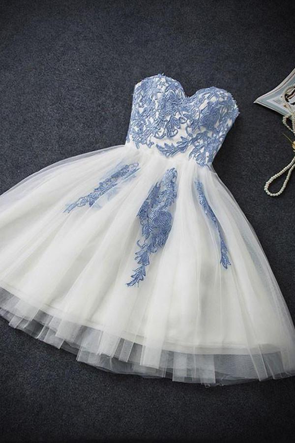 Vestido corto de fiesta sin tirantes, corte en A, de tul azul, vestido económico para baile de bienvenida