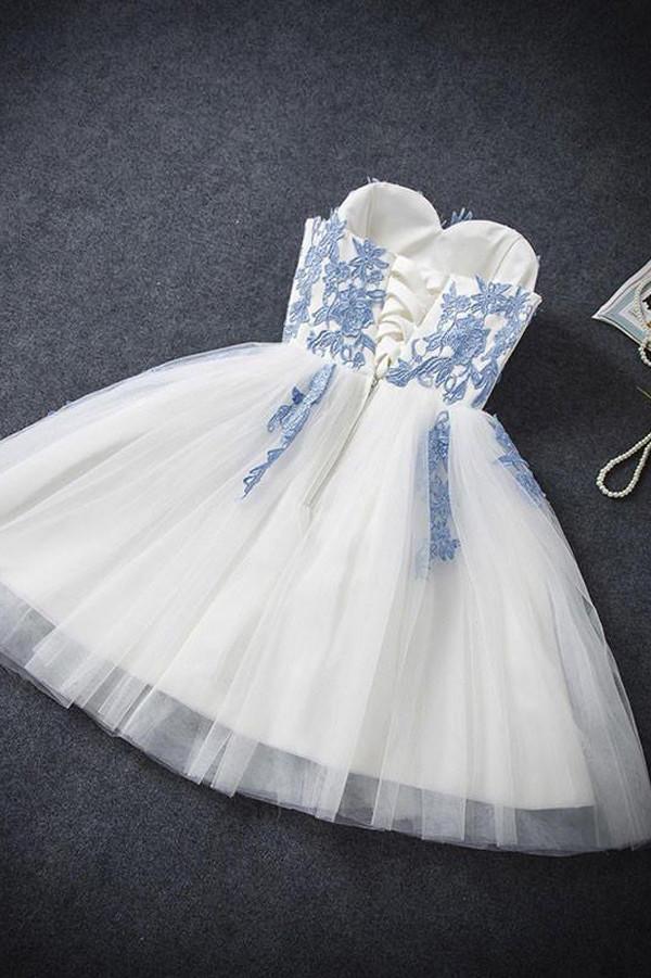 Vestido corto de fiesta sin tirantes, corte en A, de tul azul, vestido económico para baile de bienvenida