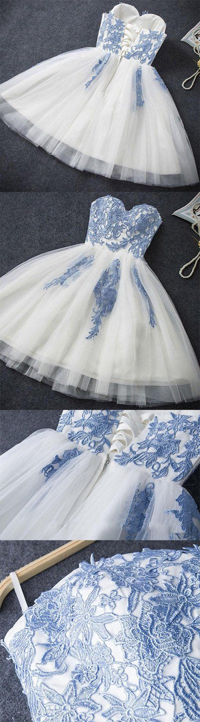 Vestido corto de fiesta sin tirantes, corte en A, de tul azul, vestido económico para baile de bienvenida