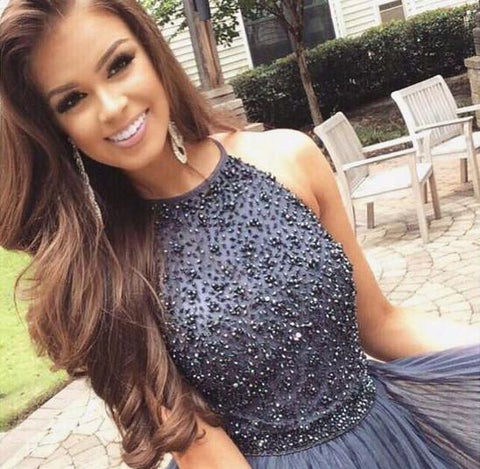 Gray Halter High Neck A-line Beaded Tulle Homecoming Dress, Short Prom Dress