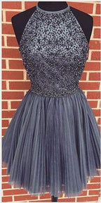 Vestido corto de fiesta de bienvenida, corte en A, tul con cuentas, cuello halter gris, corte en A, vestido corto de graduación