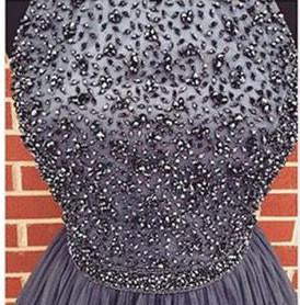 Gray Halter High Neck A-line Beaded Tulle Homecoming Dress, Short Prom Dress