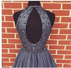 Vestido corto de fiesta de bienvenida, corte en A, tul con cuentas, cuello halter gris, corte en A, vestido corto de graduación