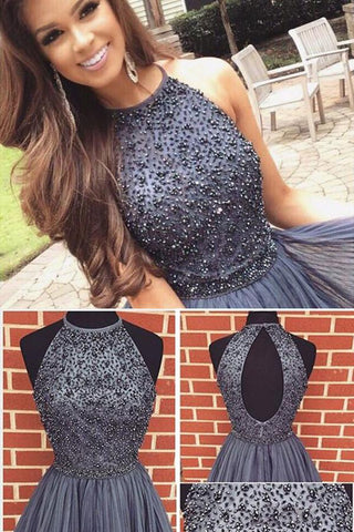 Gray Halter High Neck A-line Beaded Tulle Homecoming Dress, Short Prom Dress