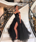 Black Off The Shoulder A-line Prom Dress With Split Black Evening Dress Y6127